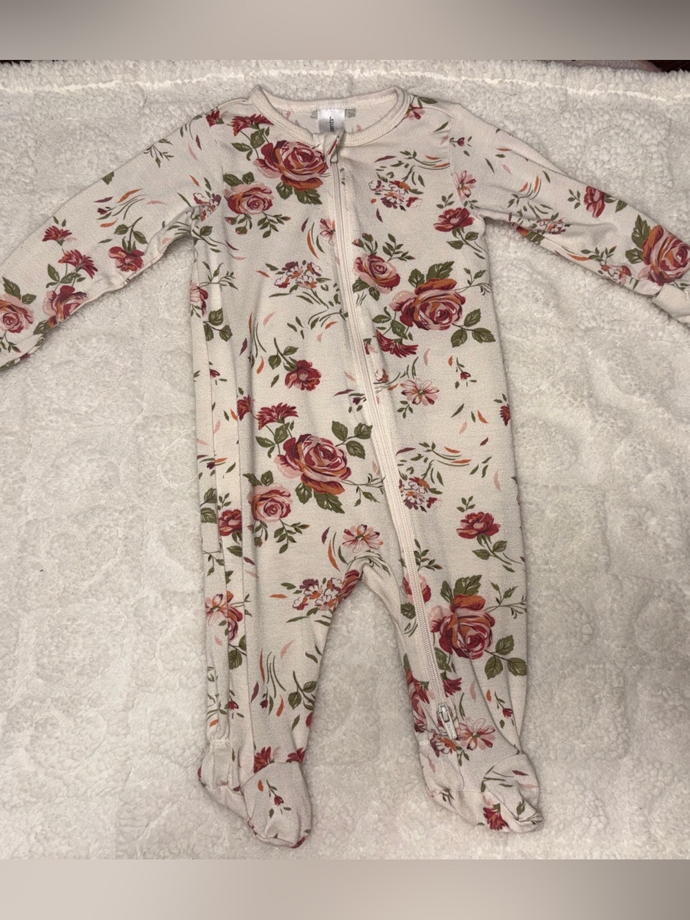 Baby Floral Zip-Front One-Piece Footed Pajamas - Cream with Pink Rose Print